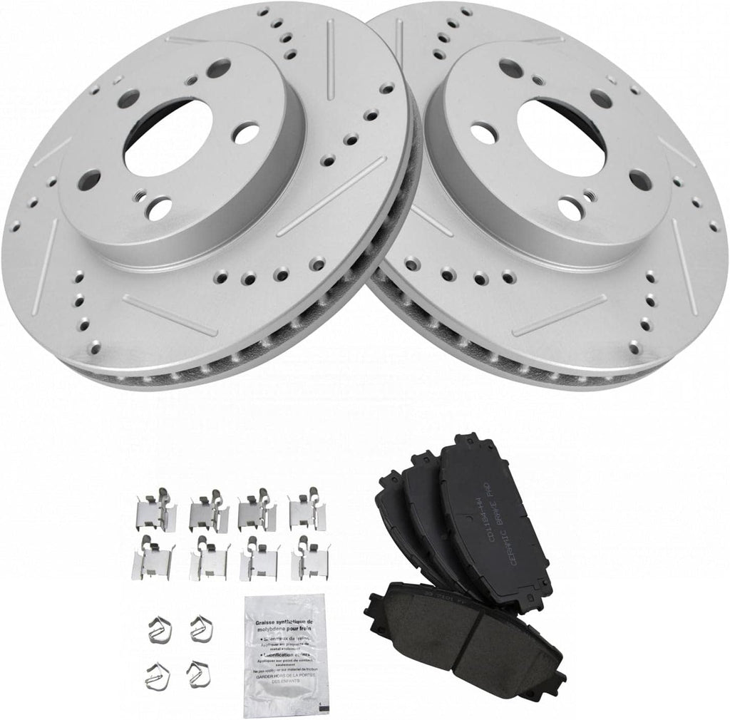 TRQ Performance Front Brake Pad and Rotor Set Ceramic Coated Drilled Slotted Rotors Compatible with 2011-2017 Lexus CT200h 2010-2015 Toyota Prius 2012-2015 Prius Plug-In