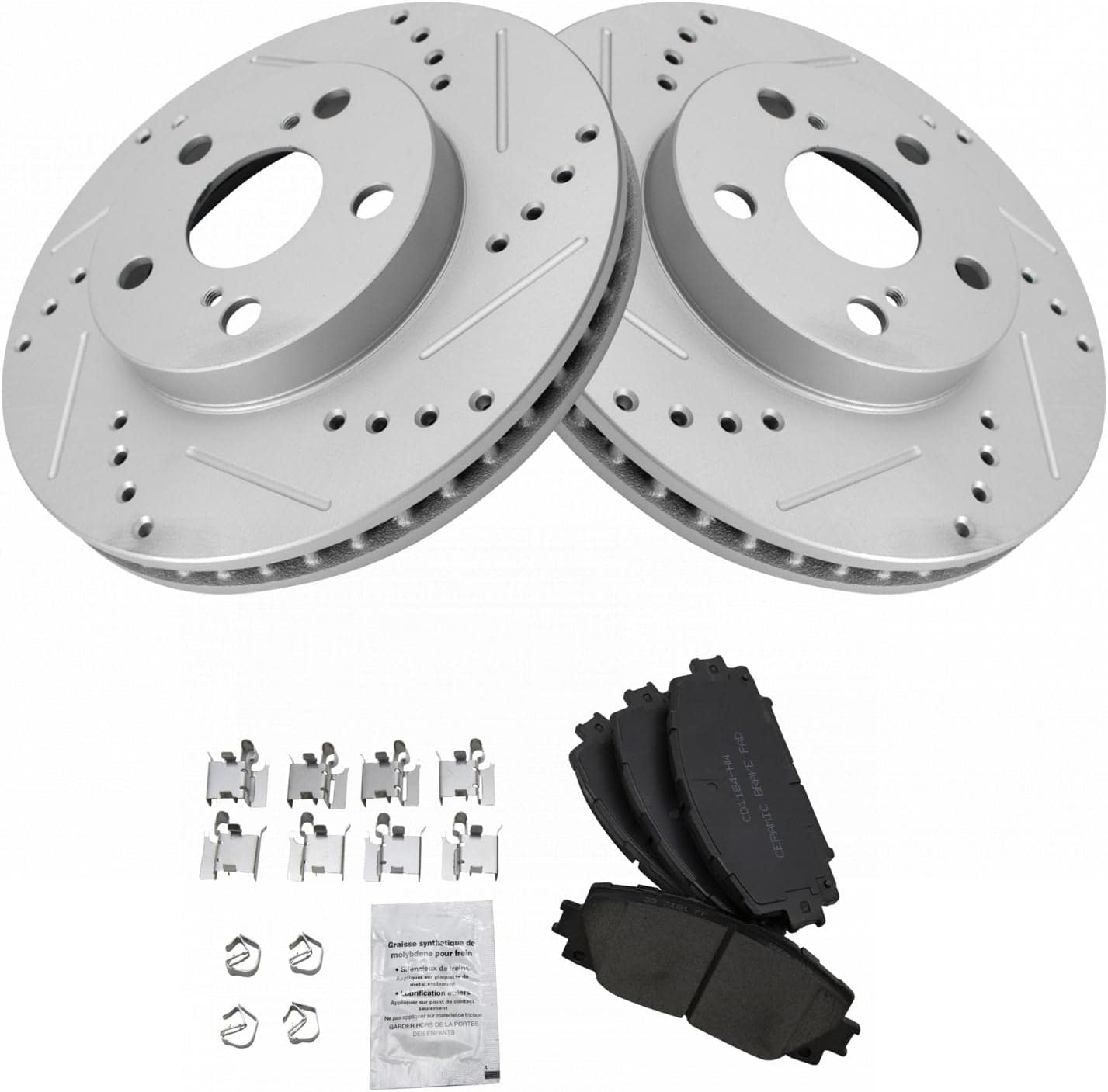 TRQ Performance Front Brake Pad and Rotor Set Ceramic Coated Drilled Slotted Rotors Compatible with 2011-2017 Lexus CT200h 2010-2015 Toyota Prius 2012-2015 Prius Plug-In