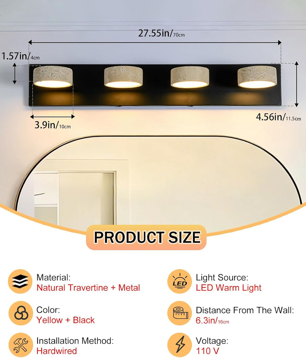 Travertine Vanity Light, 19.7 Inch Nordic Style Farmhouse Vanity Lights with 360° Rotatable Natural Stone Lampshade and Black Metal Base Wabi Sabi Vanity Lights Fixture for Bathroom (4 Lights)