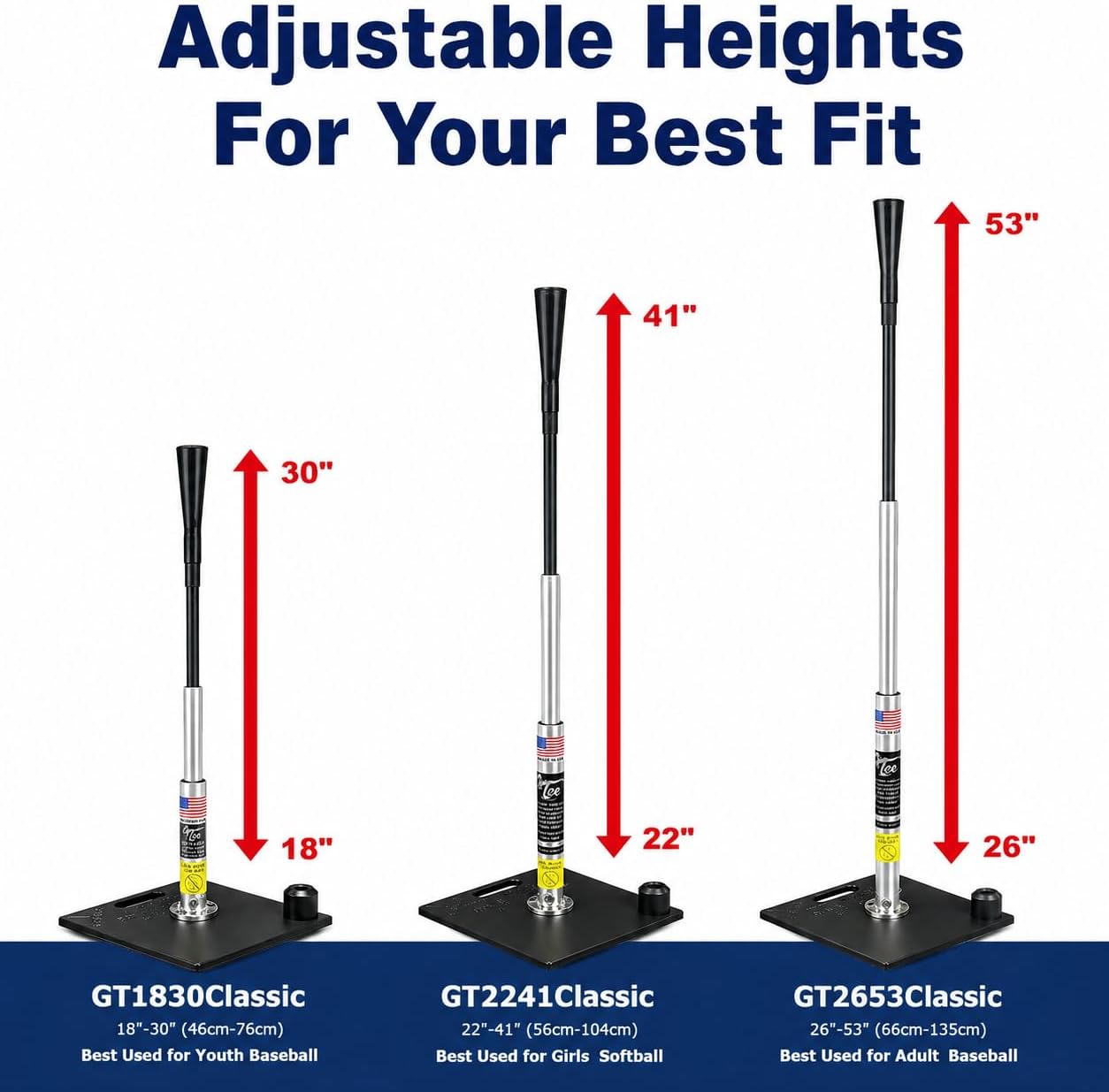 G Tee Classic Baseball/Softball Batting Tee Adjustable | Flexible Rubber Cup & Stainless Steel Aluminum Base | Best Tee for All Ages | Used by Pros | Made in USA 2 Year Warranty