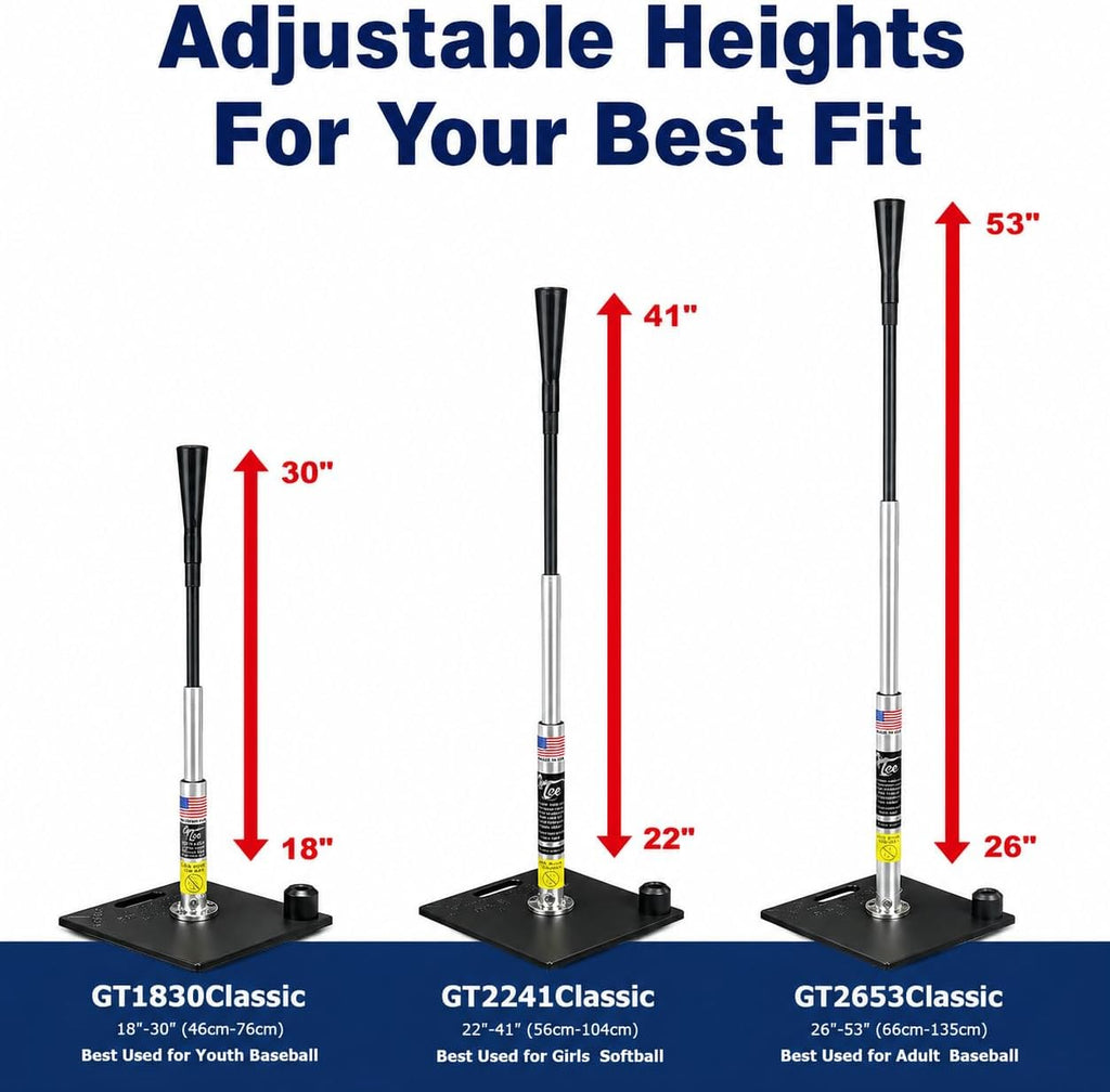 G Tee Classic Baseball/Softball Batting Tee Adjustable | Flexible Rubber Cup & Stainless Steel Aluminum Base | Best Tee for All Ages | Used by Pros | Made in USA 2 Year Warranty