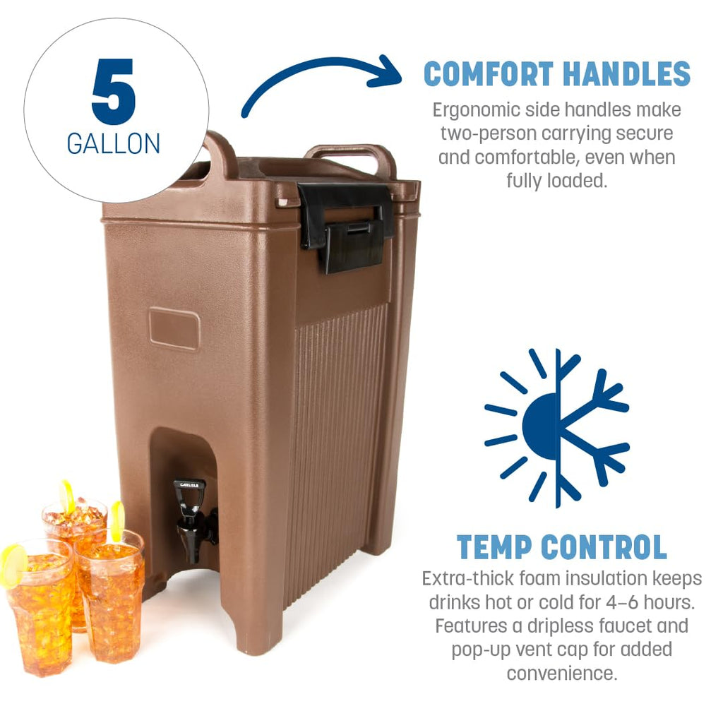 Carlisle FoodService Products 5-Gallon Insulated Beverage Dispenser, Cateraide, Food-Grade with Handles, Rugged PE Shell with PU Insulation for Coffee, Tea and Hot or Cold Drinks, Brown - Made in USA