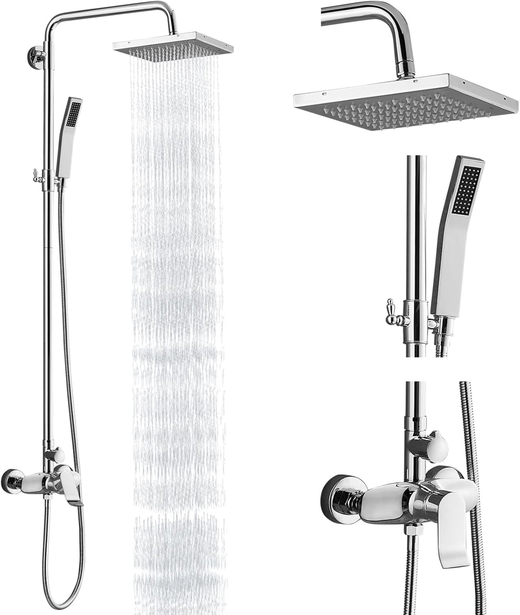 Polish Chrome Exposed Shower System 2 Functional Bathroom Shower Set 8 Inch Square Rainfall Shower Head with Hand Sprayer Wall Mounted