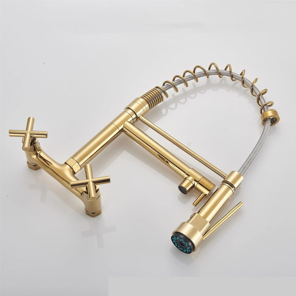 Wall-Mounted Spring Kitchen Faucet Pull Down Spray Nozzle Dual Handle 360 Rotation Hot and Cold Water Mixer Tap(Gold)