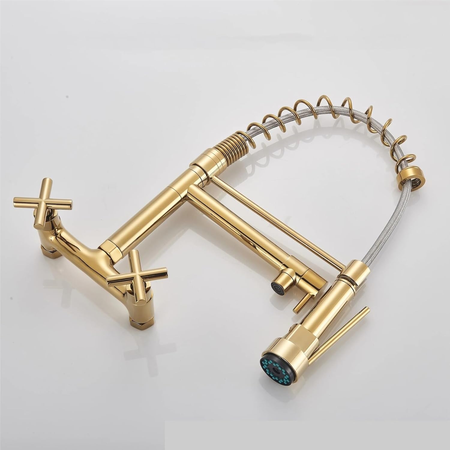Wall-Mounted Spring Kitchen Faucet Pull Down Spray Nozzle Dual Handle 360 Rotation Hot and Cold Water Mixer Tap(Gold)