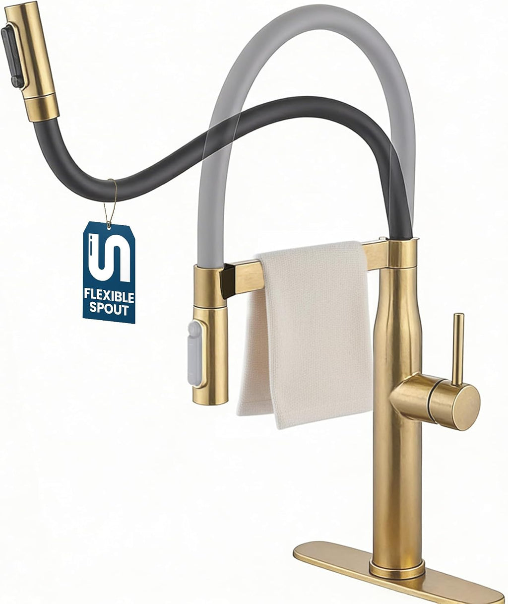 STiLWERK 3-in-1 Kitchen Sink Faucet with Pull-Out Sprayer, 3 Way Hot, Cold & Drinking Water Mixer, Magnetic Docking, Stainless Steel, Champagne Gold Finish