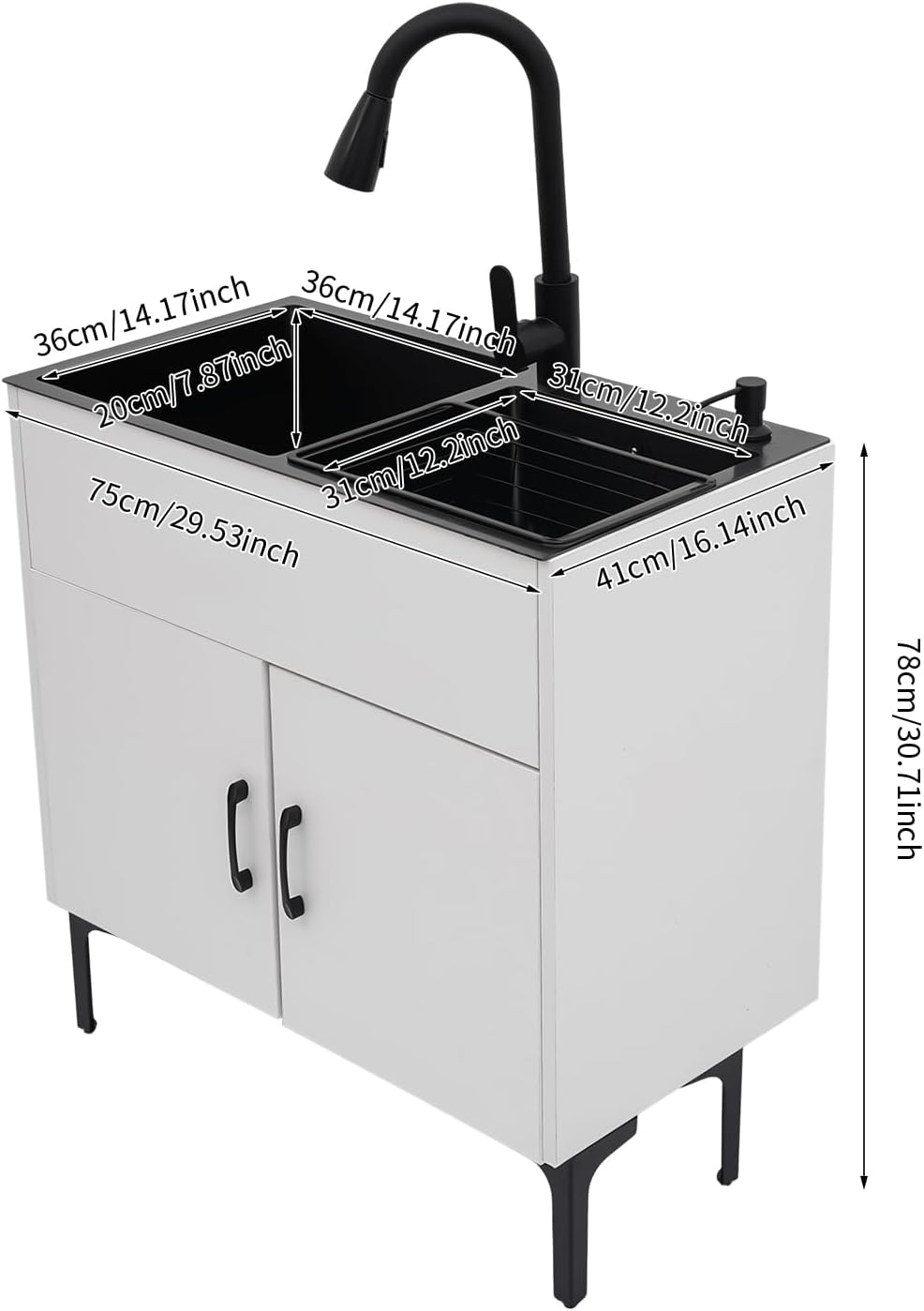 30-Inch Laundry Sink with Cabinet and Pull-Out Sprayer Fauce, Freestanding Kitchen Sink Cabinet w/Stainless Steel Double Sink & Draining Basket, Wash Station Tub for Laundry & Utility Room, Bathroom