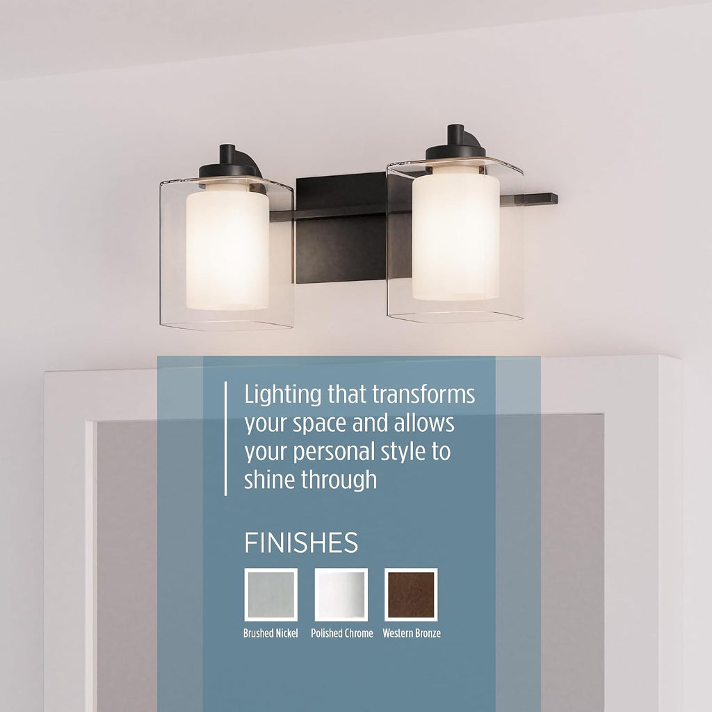 Quoizel Kolt Modern Vanity Lights, 2-Light, 18 Inch Matte Black Bathroom Lighting Fixtures Over Mirror, Sandblasted Inner Glass, 100 W A19 Bulb, Wall Mount Light for Bathrooms, Kitchen or Hallway