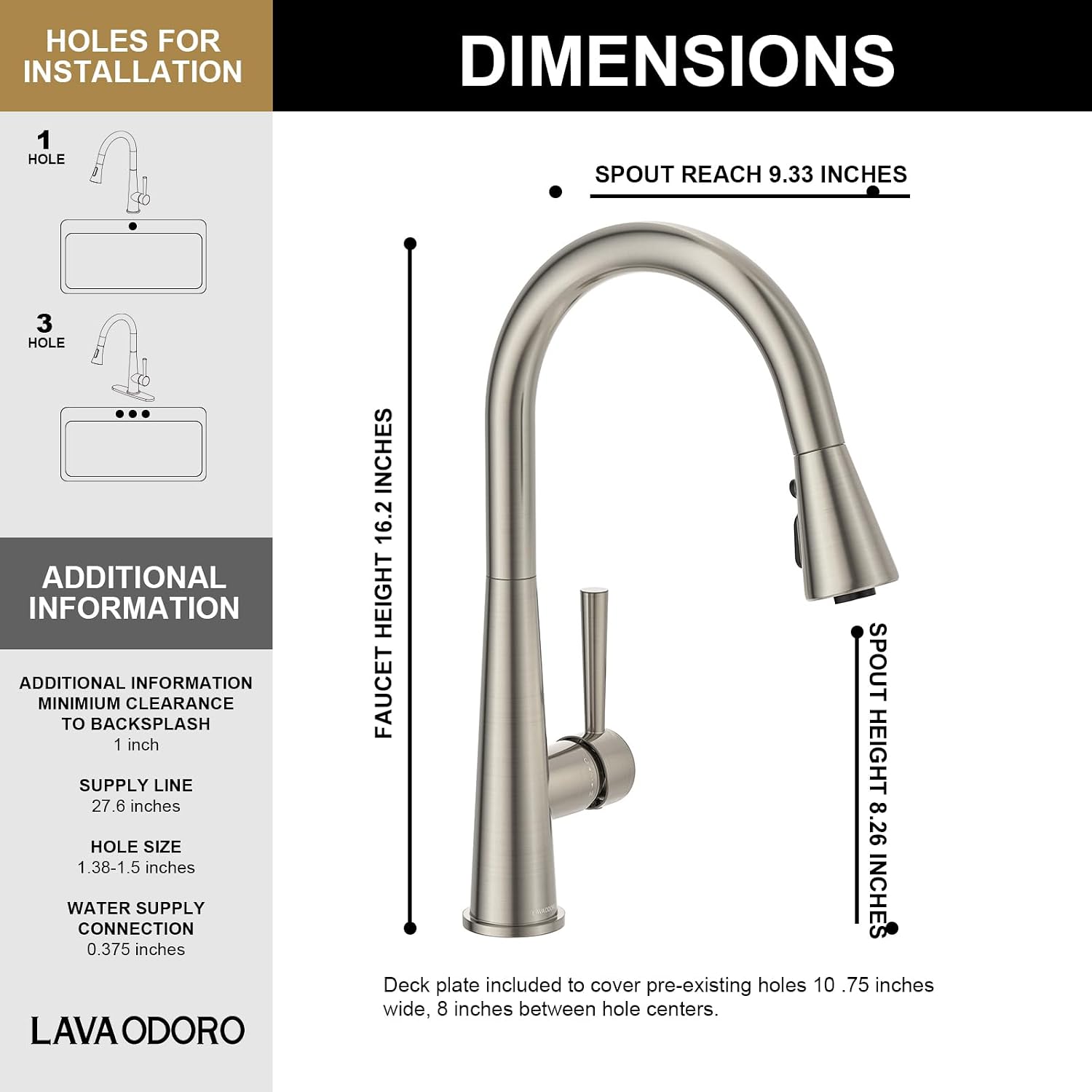 Lava Odoro Montelux Brushed Nickel Kitchen Faucet with Pull Down Sprayer, Single Handle Kitchen Sink Faucet, Faucet for Kitchen Sink with Magnetic Docking Spray Head and Deck Plate, KF321-BN