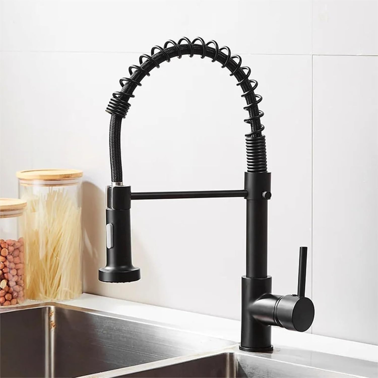 Kitchen Faucet Hot and Cold Spring Brass 360° Rotating Sink Tap Two Function Spray(Black)