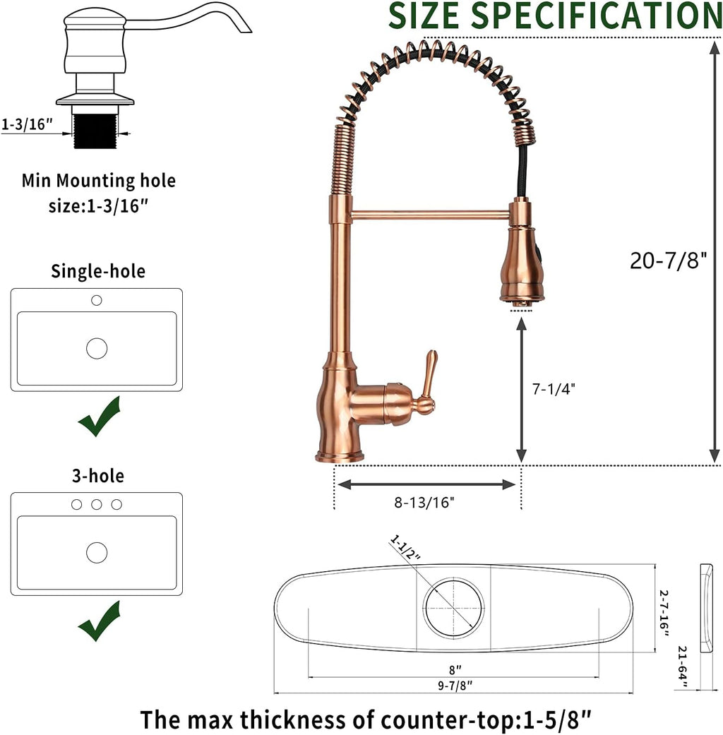 Akicon Copper Kitchen Faucet with Soap Dispenser, Single Handle Solid Brass High Arc Pull Down Sprayer Head Kitchen Sink Faucets with Deck Plate AK96518