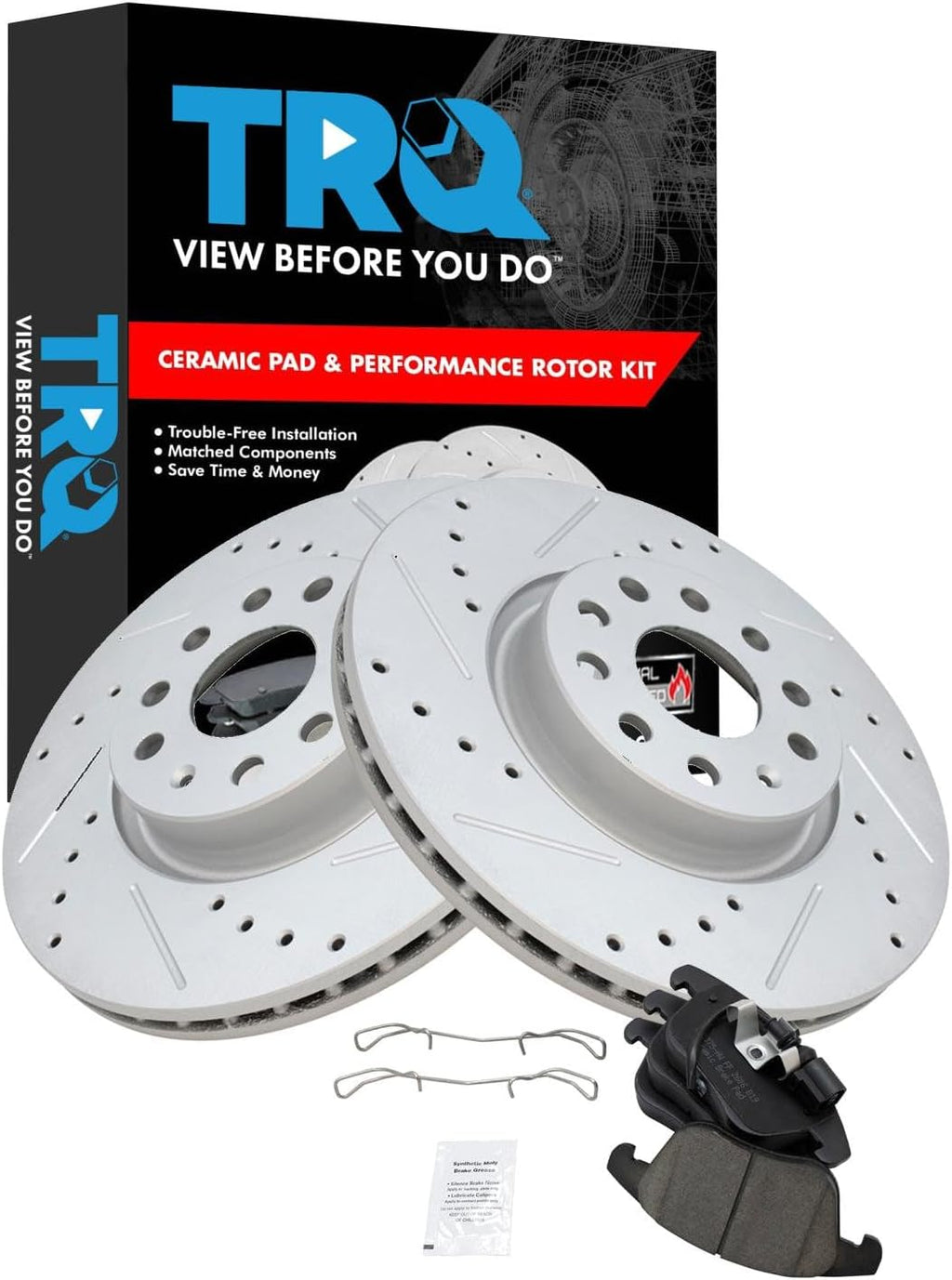 TRQ Performance Front Brake Pad and Rotor Set Ceramic Coated Drilled Slotted Vented Rotors Compatible with 2012-2020 Volkswagen Passat 2009-2018 Tiguan 2018 Tiguan Limited 2015-2018 Audi Q3 Q3 Quattro
