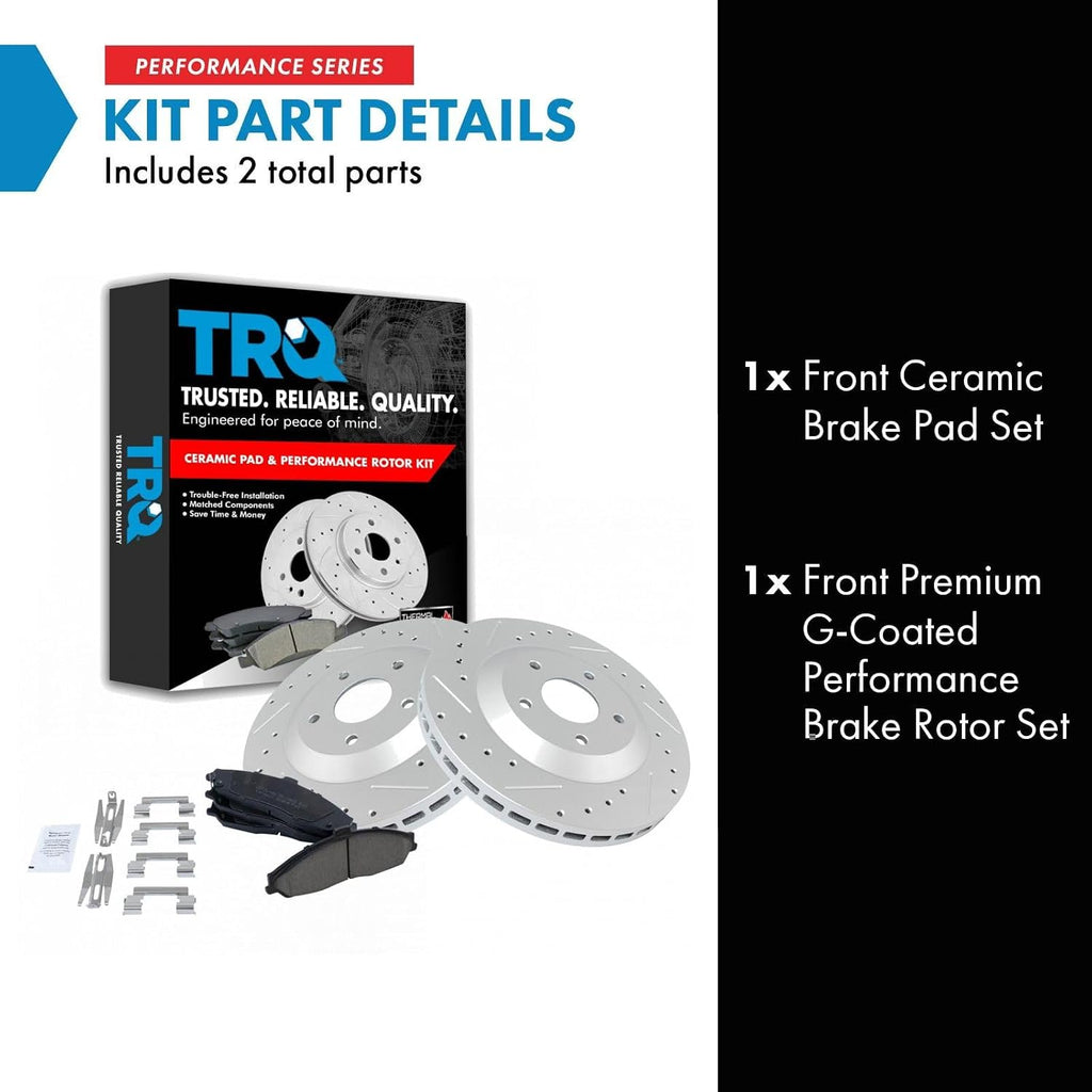 TRQ Performance Front Brake Pad and Rotor Set Ceramic Drilled Slotted G Coated Vented Rotors Compatible with 1997-2004 Chevrolet Corvette