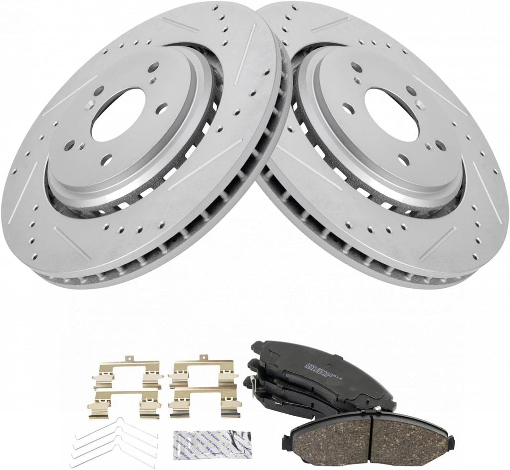TRQ Performance Front Brake Pad and Rotor Set Ceramic Coated Drilled Slotted Rotors Compatible with 2014-2016 Acura MDX