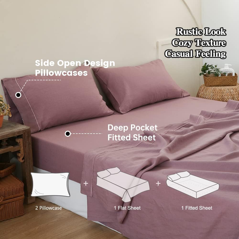 Simple&Opulence 100% Linen Sheet Set with Embroidery Washed - 4 Pieces (1 Flat Sheet & 1 Fitted Sheet & 2 Pillowcases) Natural Flax Soft Bedding Breathable Farmhouse - Purple, King Size