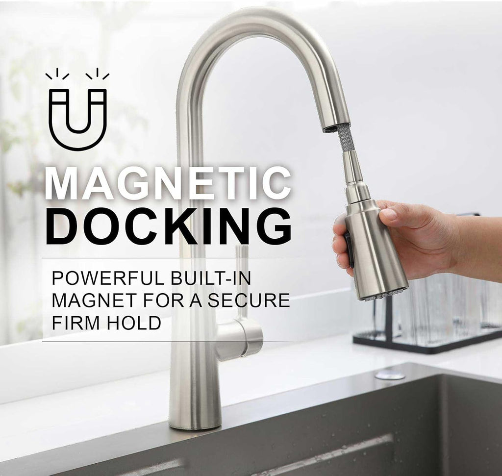 Lava Odoro Brushed Nickel Kitchen Faucet with Pull Down Sprayer, Modern Kitchen Sink Faucet with Magnetic Docking Spray 2-Function, Single Handle Faucet for Kitchen Sink 1 Hole and 3 Hole, KF241-BN