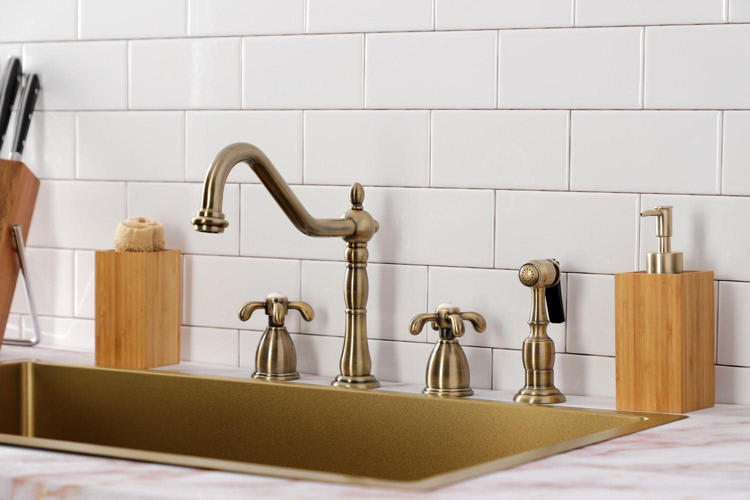 Kingston Brass KB1791TXBS French Country Widespread Kitchen Faucet with Brass Sprayer, Polished Chrome,8-1/4 inch Spout Reach