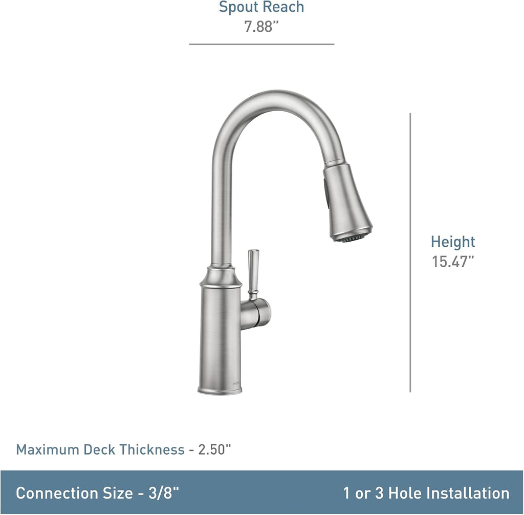 Moen Conneaut Spot Resist Stainless One-Handle High Arc Kitchen Sink Faucet with Power Boost Pull Down Sprayer, 87801SRS + Deck Mounted Kitchen Soap Dispenser with Refillable Bottle, 3944SRS