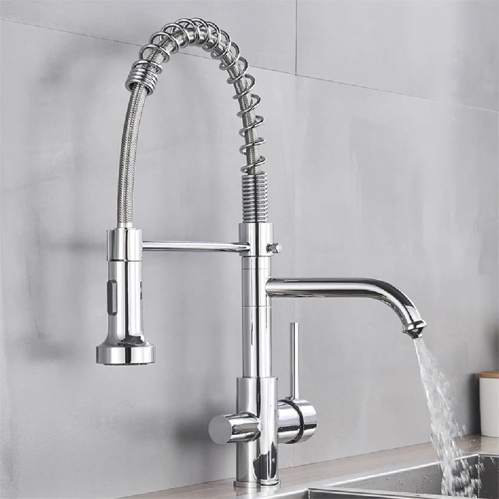 Kitchen Water Filter Faucet Dual Spout Filter Drinking Water Mixer Tap Rotation Taps(Chrome)