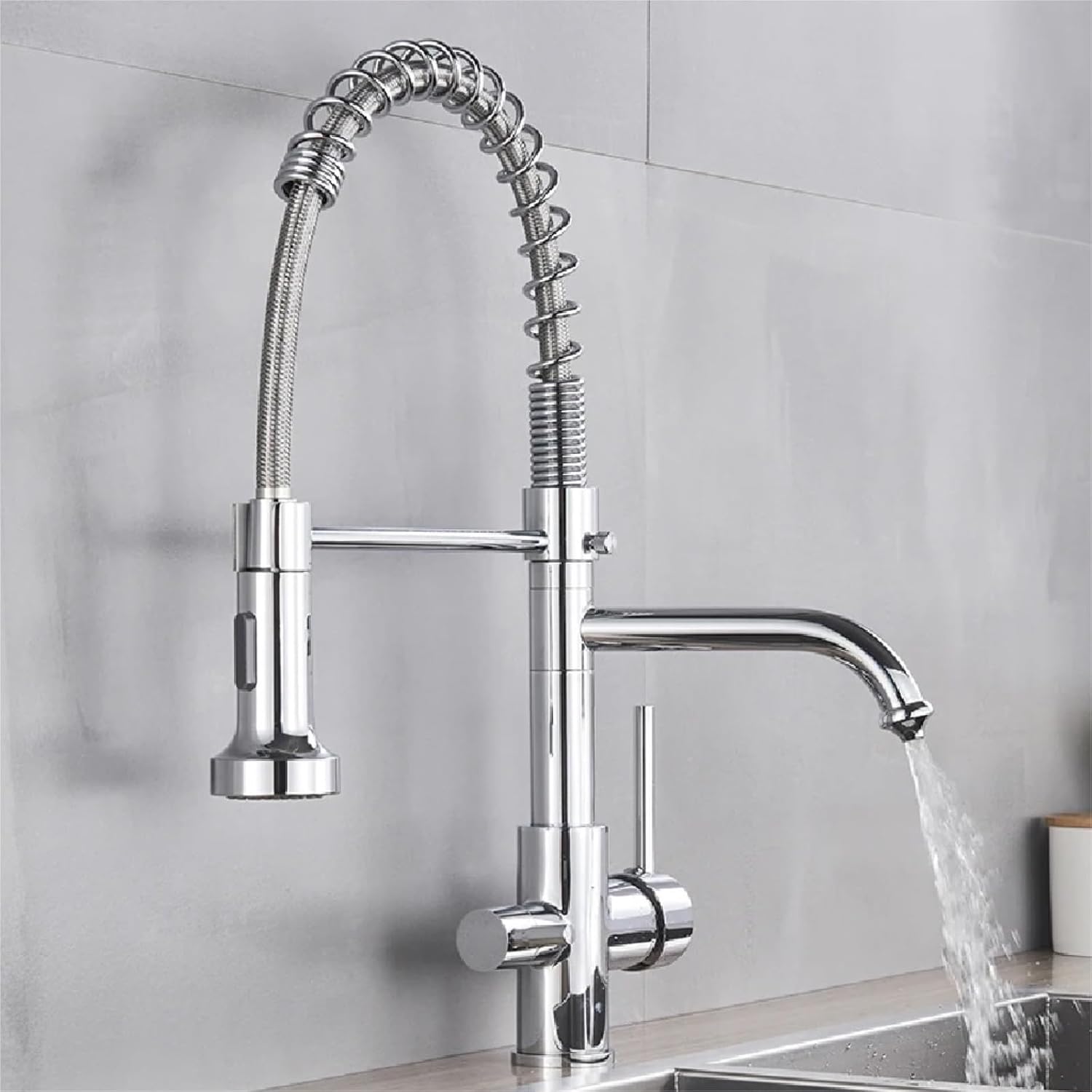 Kitchen Water Filter Faucet Dual Spout Filter Drinking Water Mixer Tap Rotation Taps(Chrome)