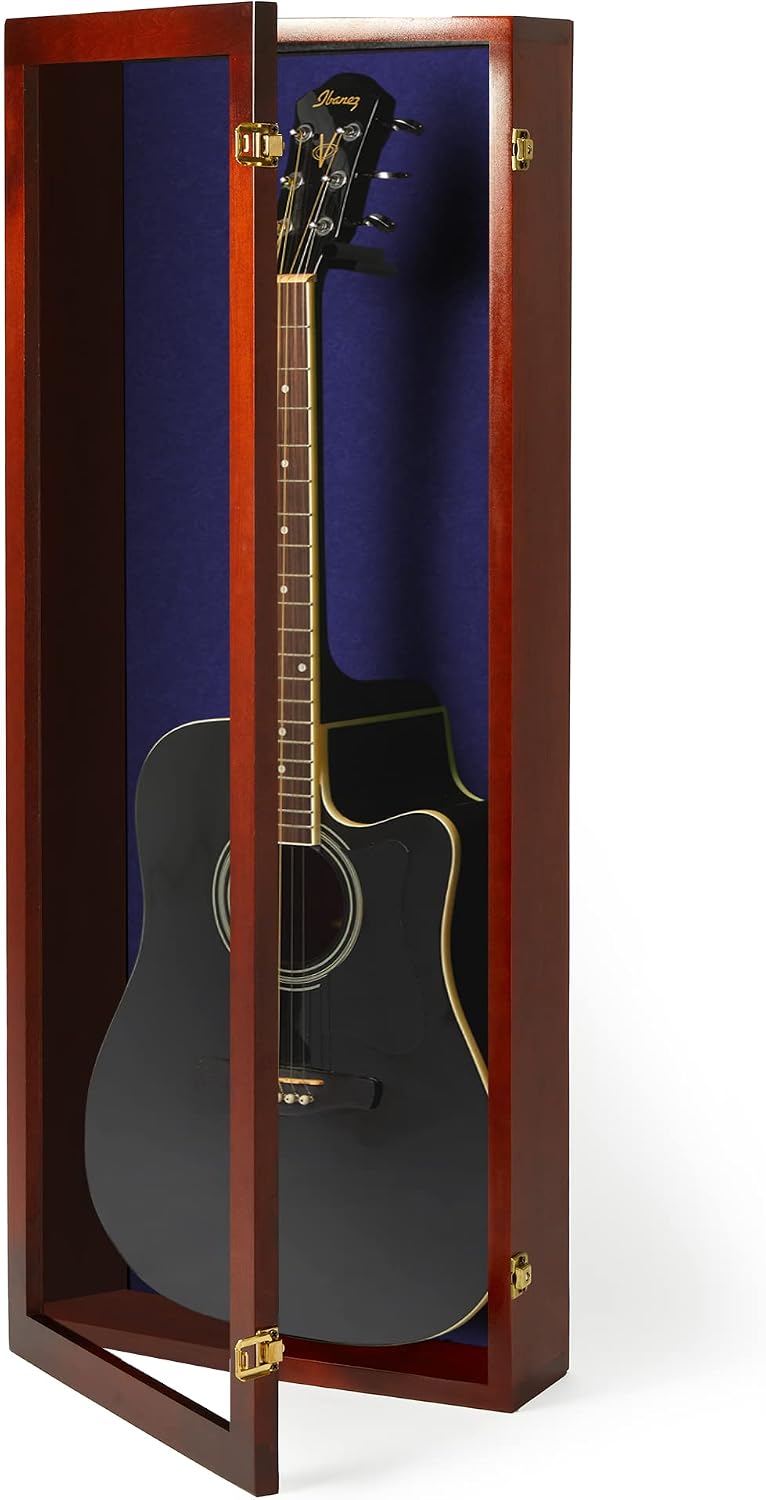 PENNZONI Acoustic Guitar Display Case - Acrylic Acoustic Guitar Case - Guitar Display Case Wall Mount Made from Hardwood Frame & Clear Acrylic - Cherry w/Felt Blue