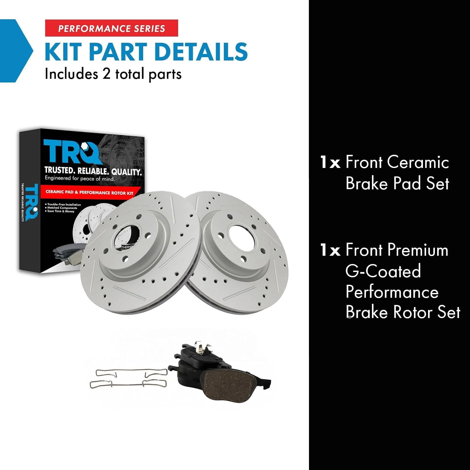 TRQ Performance Front Brake Pad and Rotor Set Ceramic Drilled Slotted Coated Vented Rotors Compatible with 13-17 Ford C-Max 13-19 Escape 08-13 Volvo C30 06-12 C70 04-11 S40 05-11 V50