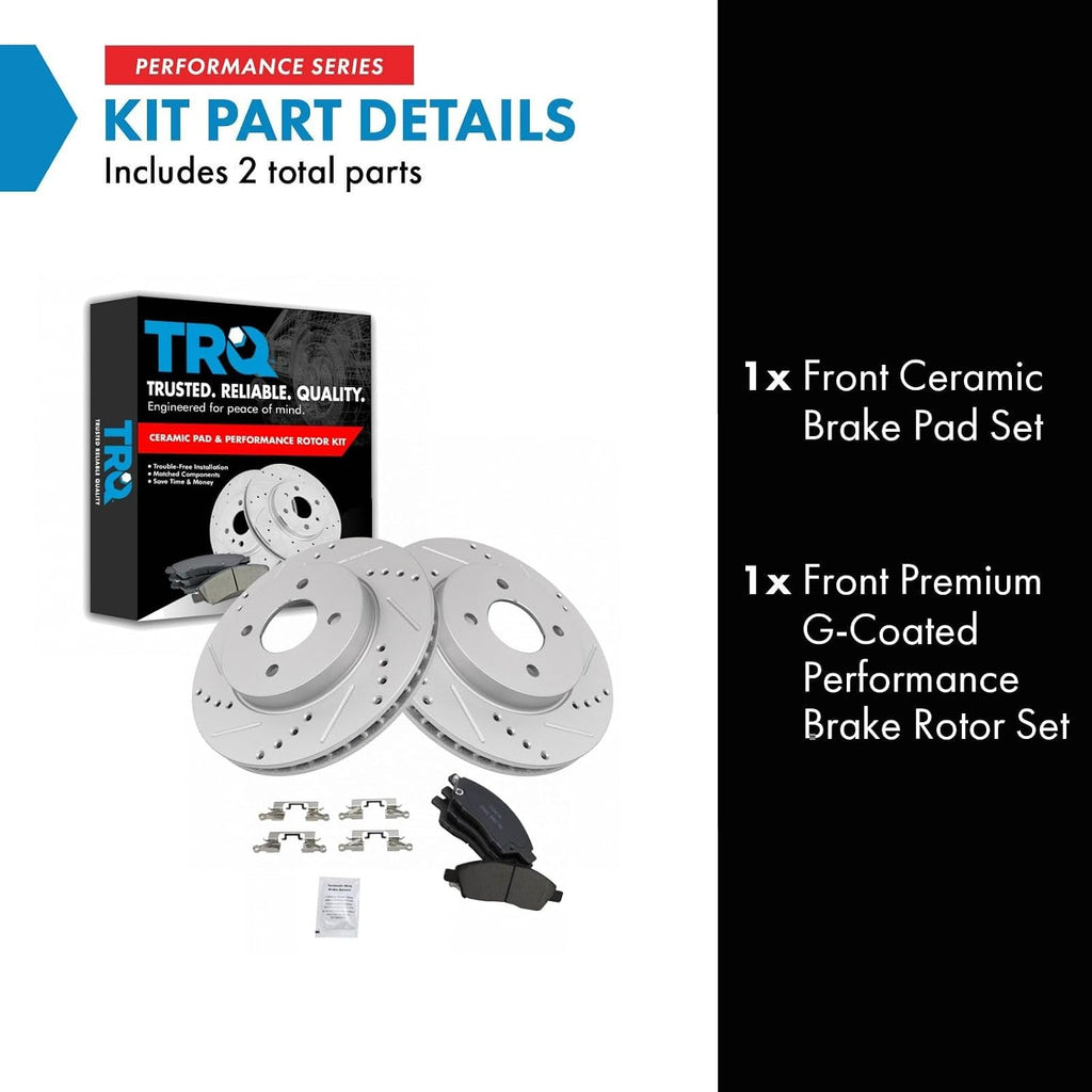 TRQ Performance Front Brake Pad and Rotor Set Ceramic Drilled Slotted Coated Rotors Compatible with 2012-2018 Nissan Versa 2014-2018 Versa Note