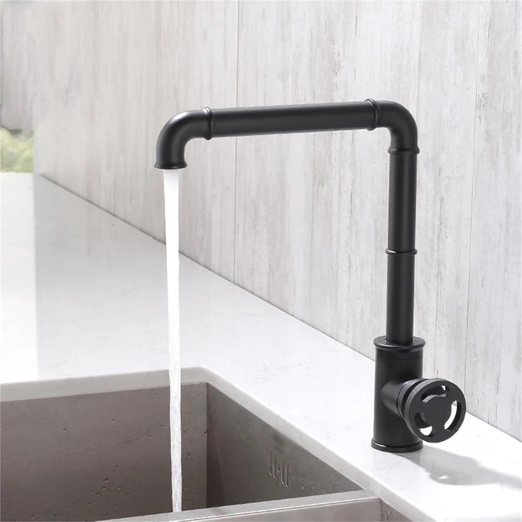 Kitchen Faucets Retro Industrial Style Brass Crane Bathroom Faucets Hot and Cold Water Mixer Tap(Black)