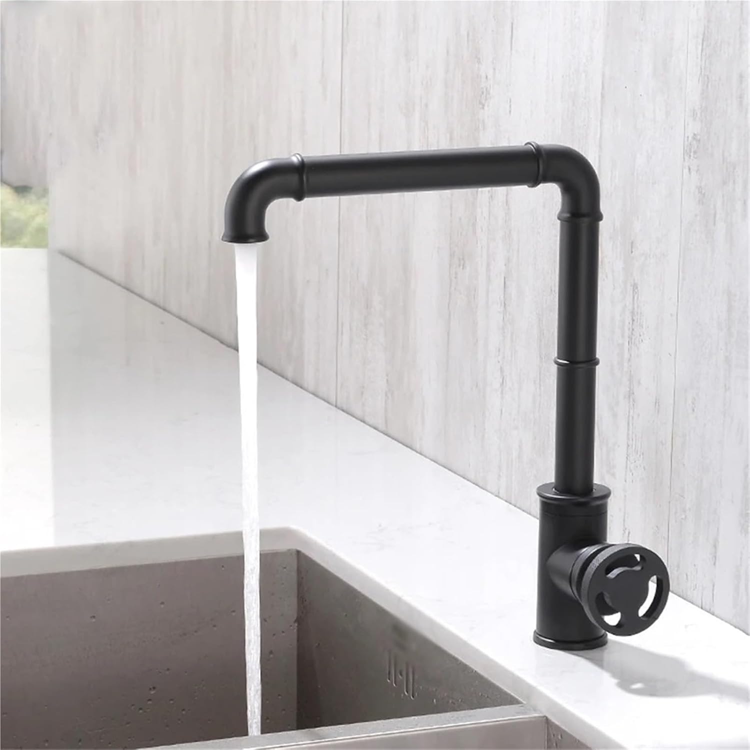 Kitchen Faucets Retro Industrial Style Brass Crane Bathroom Faucets Hot and Cold Water Mixer Tap(Black)