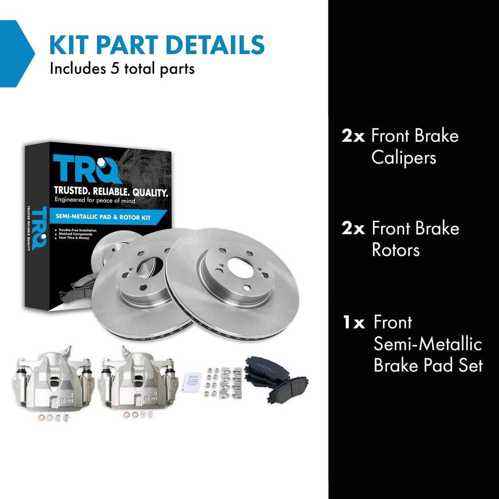 TRQ Front Brake Pad and Rotor Set Semi Metallic Vented Rotors Calipers Compatible with 2009-2010 Pontiac Vibe 2008-2014 Scion xD 2009-2018 Toyota Corolla 2009-2013 Matrix
