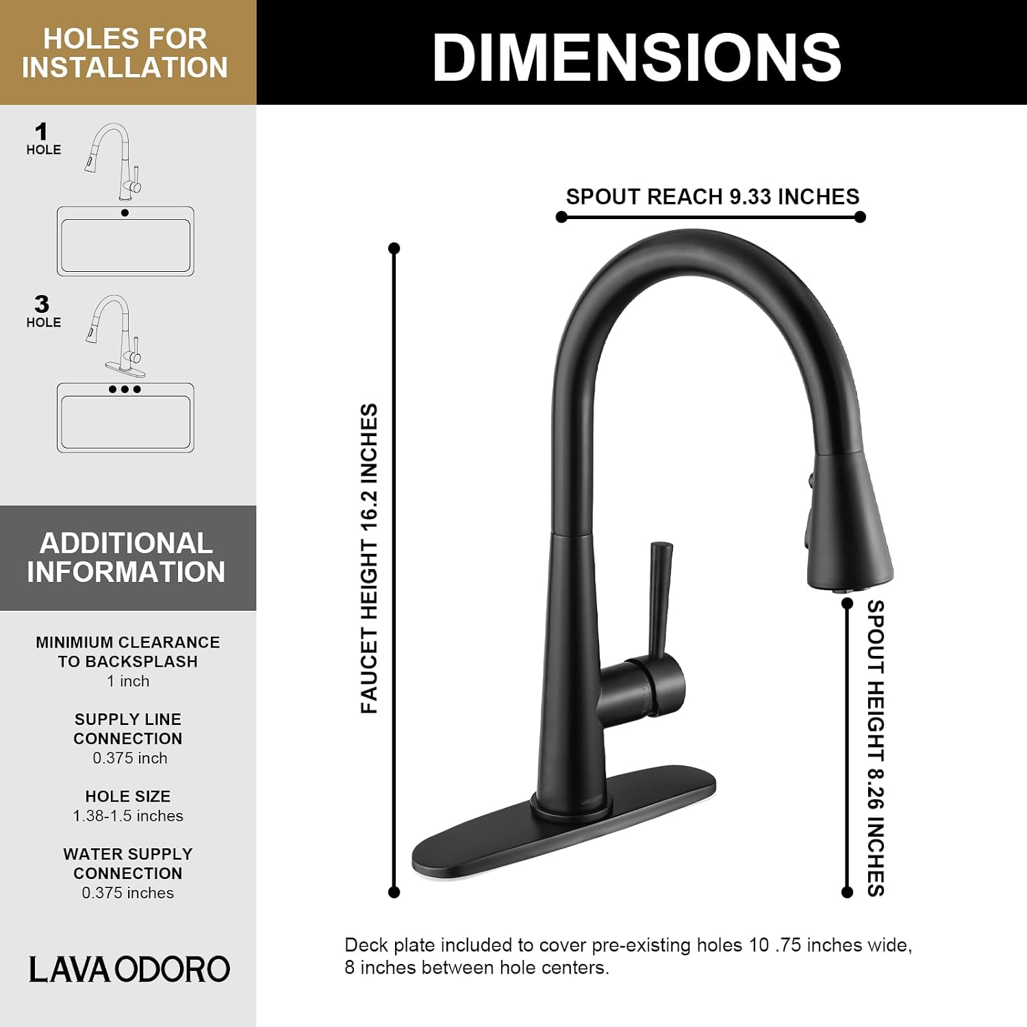 Matte Black Kitchen Faucet with Pull Down Sprayer, Lava Odoro Single Handle Kitchen Sink Faucet, Black Single Hole Kitchen Faucet with Magnetic Docking Spray Head and Deck Plate, KF321-MB