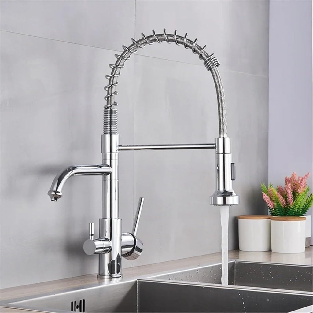 Kitchen Water Filter Faucet Dual Spout Filter Drinking Water Mixer Tap Rotation Taps(Chrome)