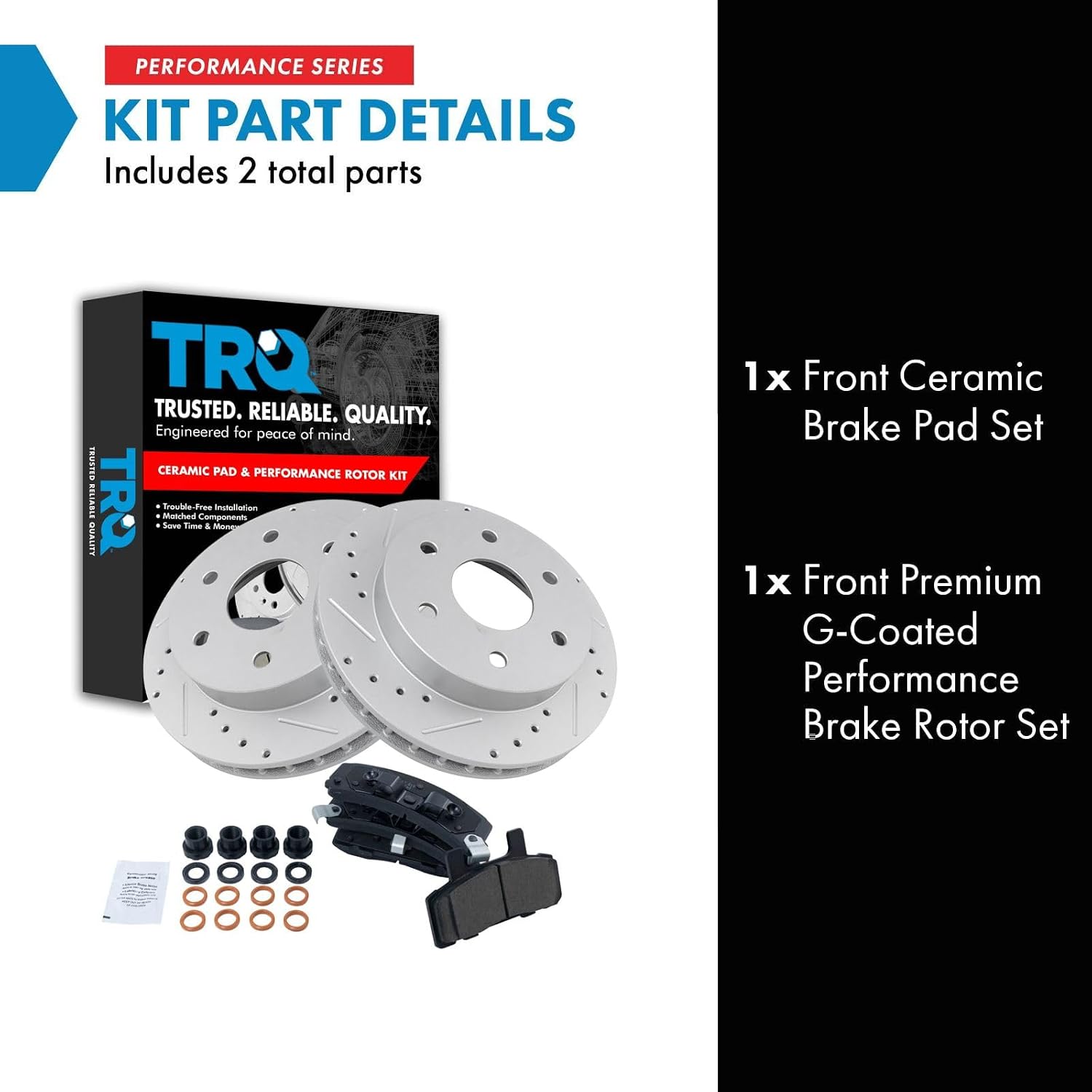 TRQ Performance Front Ceramic Brake Pad and Rotor Set Coated Drilled Slotted Compatible with 95-99 GMC Yukon 4 Wheel Drive with 295 mm Diameter Front Rotors