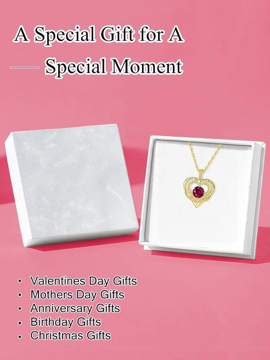 14K Gold Heart Necklaces for Women with Birthstone Pendant ，Double Hearts Necklace Jewelry Gift for Girlfriend Mom Anniversary Birthday Adjustable Chain 18' + 2' 'I Love You Always & Forever