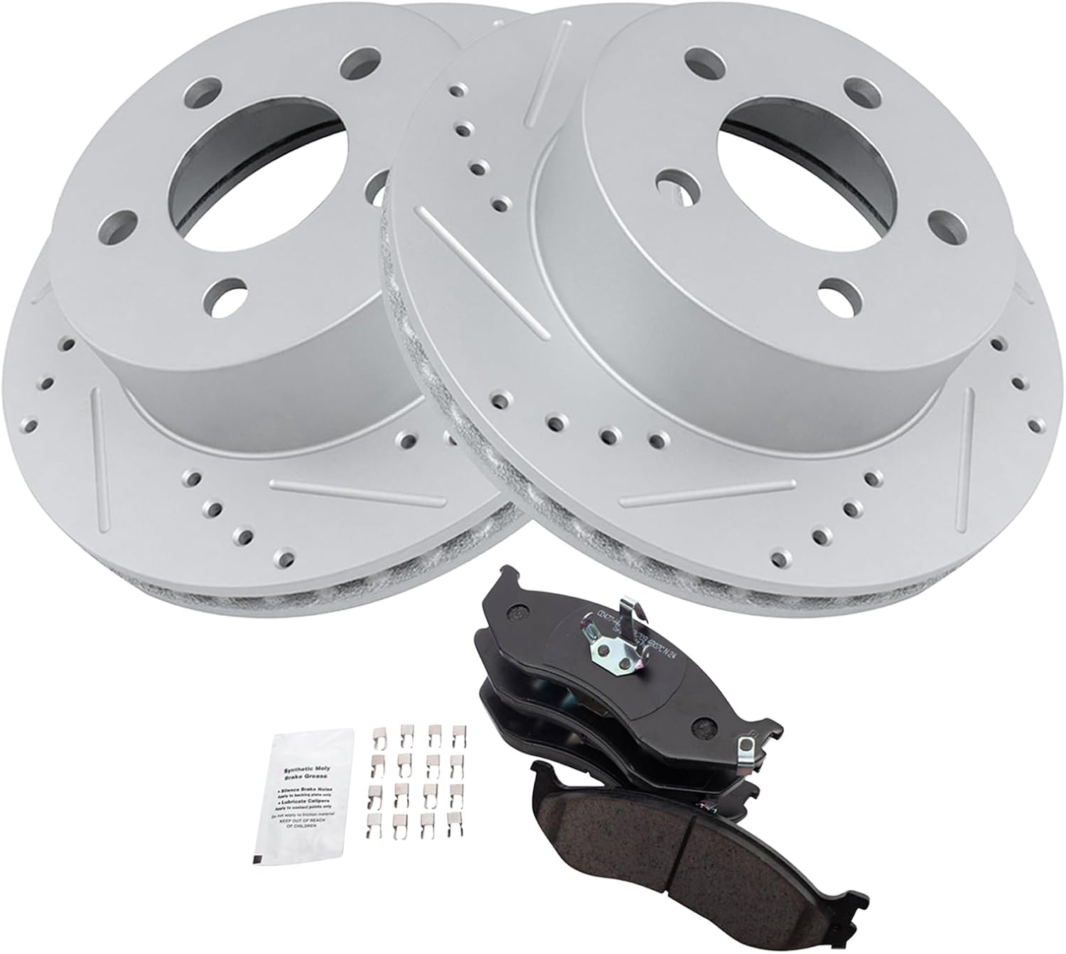 TRQ Performance Front Brake Pad and Rotor Set Ceramic G Coated Drilled Slotted Vented Rotors Compatible with 1999-2001 Jeep Cherokee 1999-2006 Wrangler
