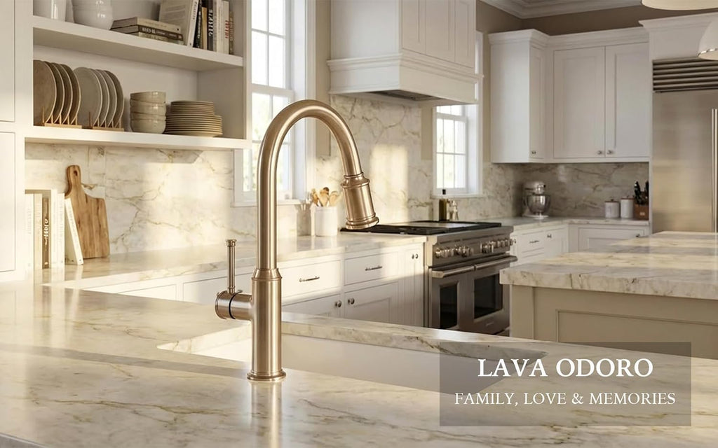 Lava Odoro Champagne Gold Kitchen Faucet with Pull Down Sprayer, Single Handle Kitchen Sink Faucet, Gold Faucet for Kitchen Sink 1 Hole and 3 Hole, Deck Plate Included, KF421-CB