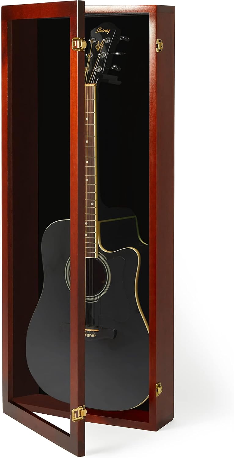 PENNZONI Acoustic Guitar Display Case - Acrylic Acoustic Guitar Case - Guitar Display Case Wall Mount Made from Hardwood Frame & Clear Acrylic - Cherry w/ Black Felt
