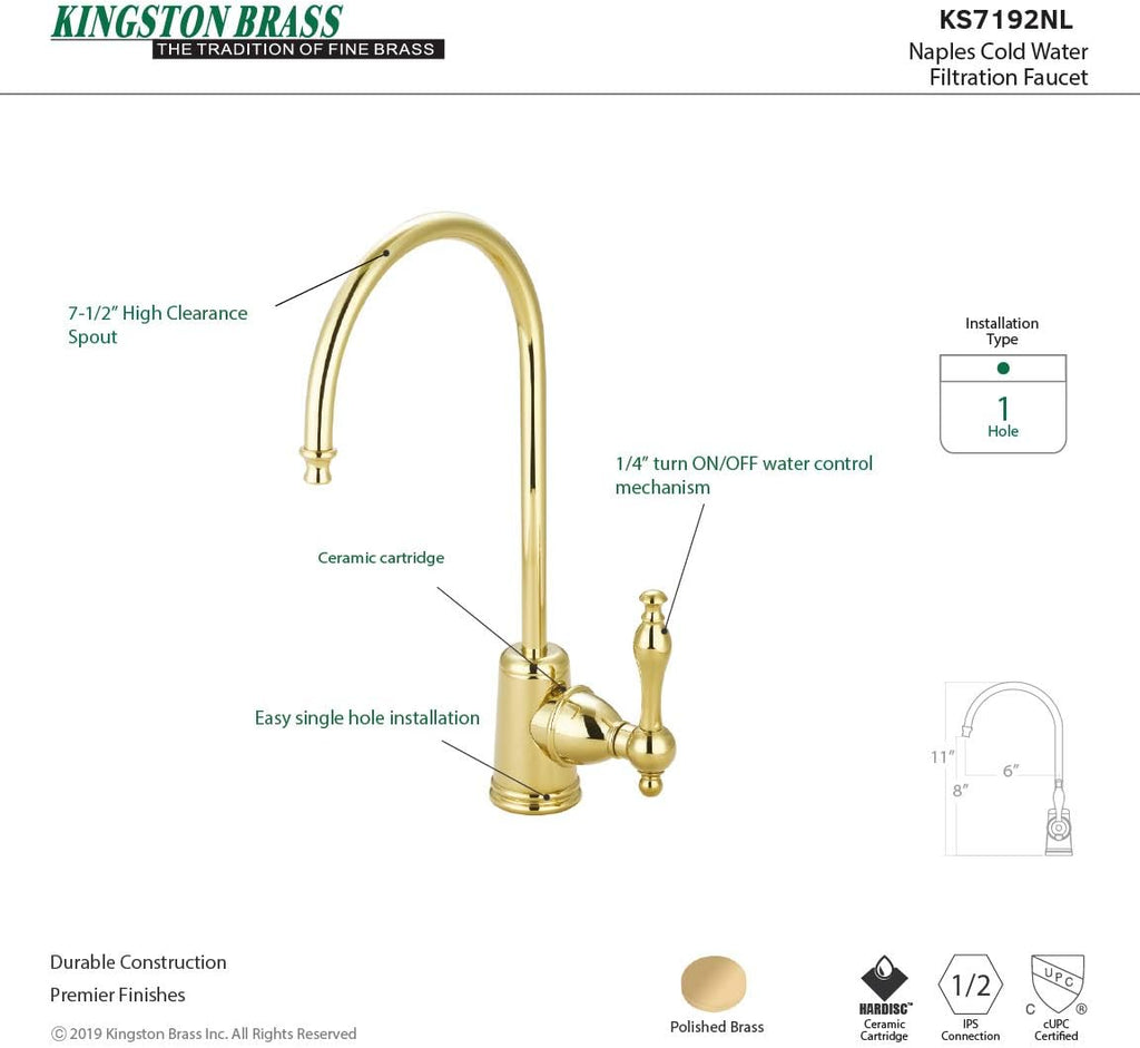 Kingston Brass Gourmetier KS7192NL Naples Single Handle Water Filtration Faucet, Polished Brass