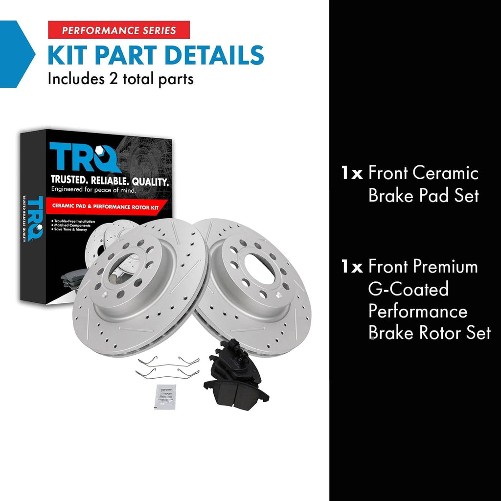 TRQ Performance Front Ceramic Brake Pad and Rotor Set Coated Drilled Slotted Compatible with 2011 Audi A3 2011 VW Jetta L5 2.5L with 280 mm Diameter Front Rotors Models