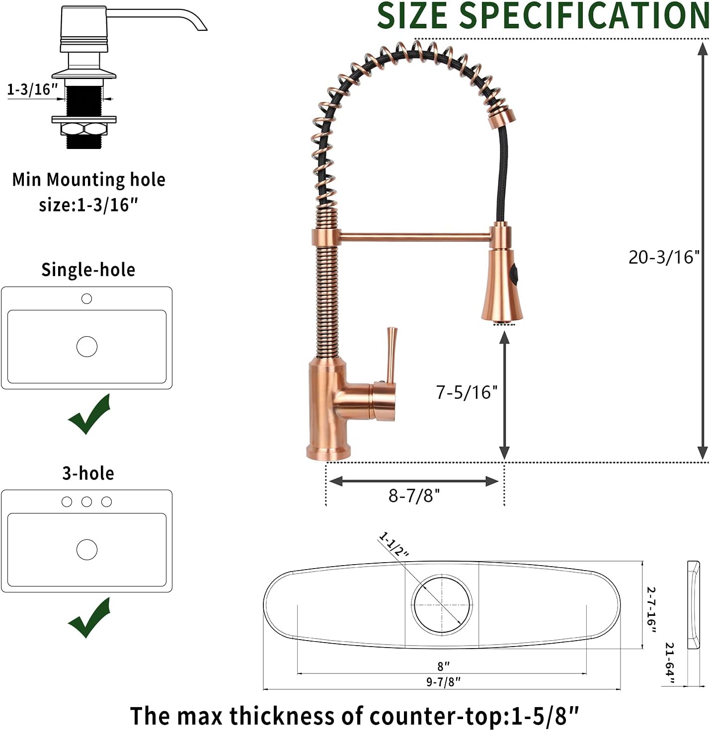 Akicon Copper Kitchen Faucet with Soap Dispenser, Single Handle Solid Brass High Arc Pull Down Sprayer Head Kitchen Sink Faucets with Deck Plate