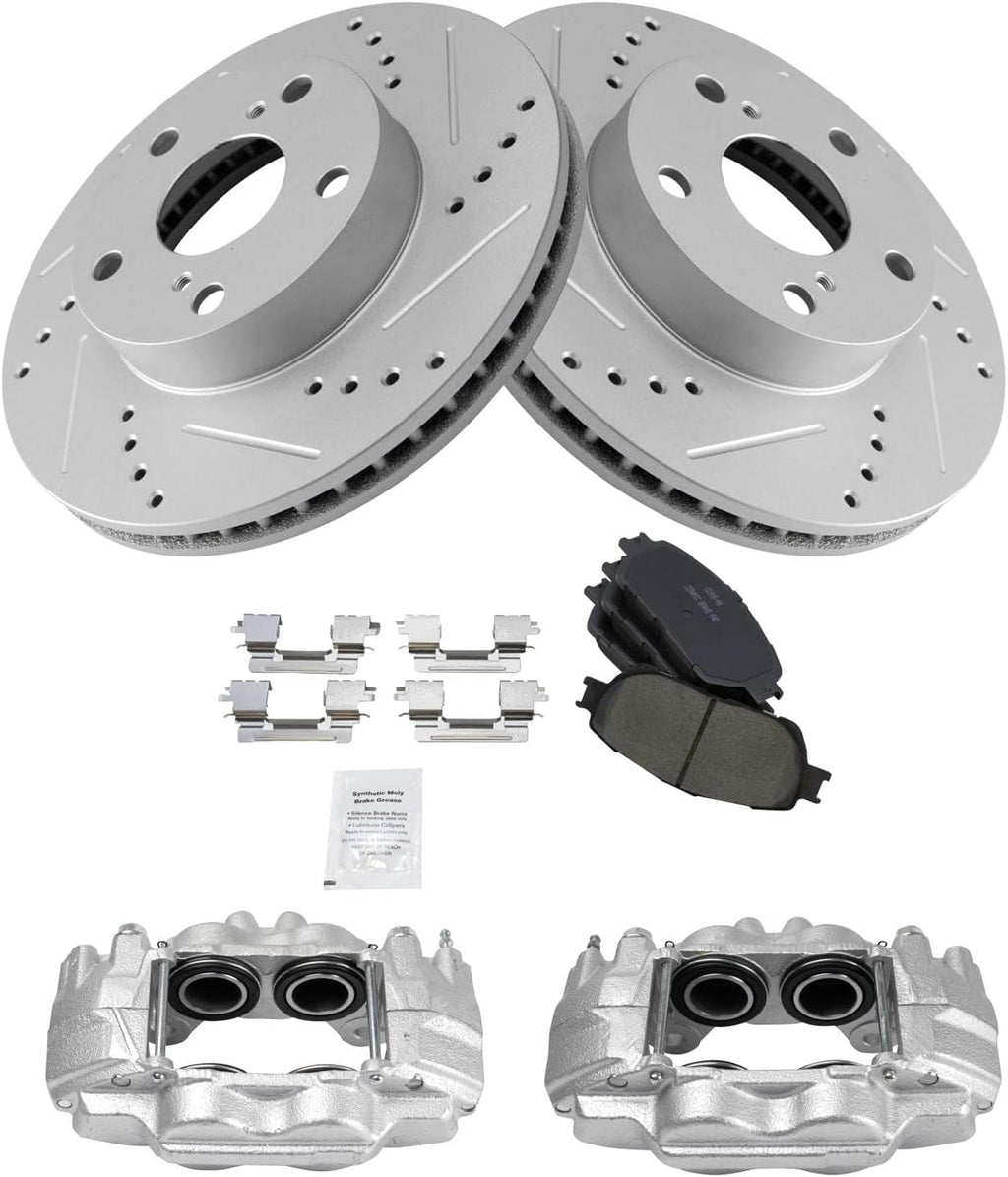 TRQ Performance Front Brake Pad and Rotor Set Ceramic Vented Coated Drilled Slotted Rotors Calipers Compatible with 2005-2015 Toyota Tacoma