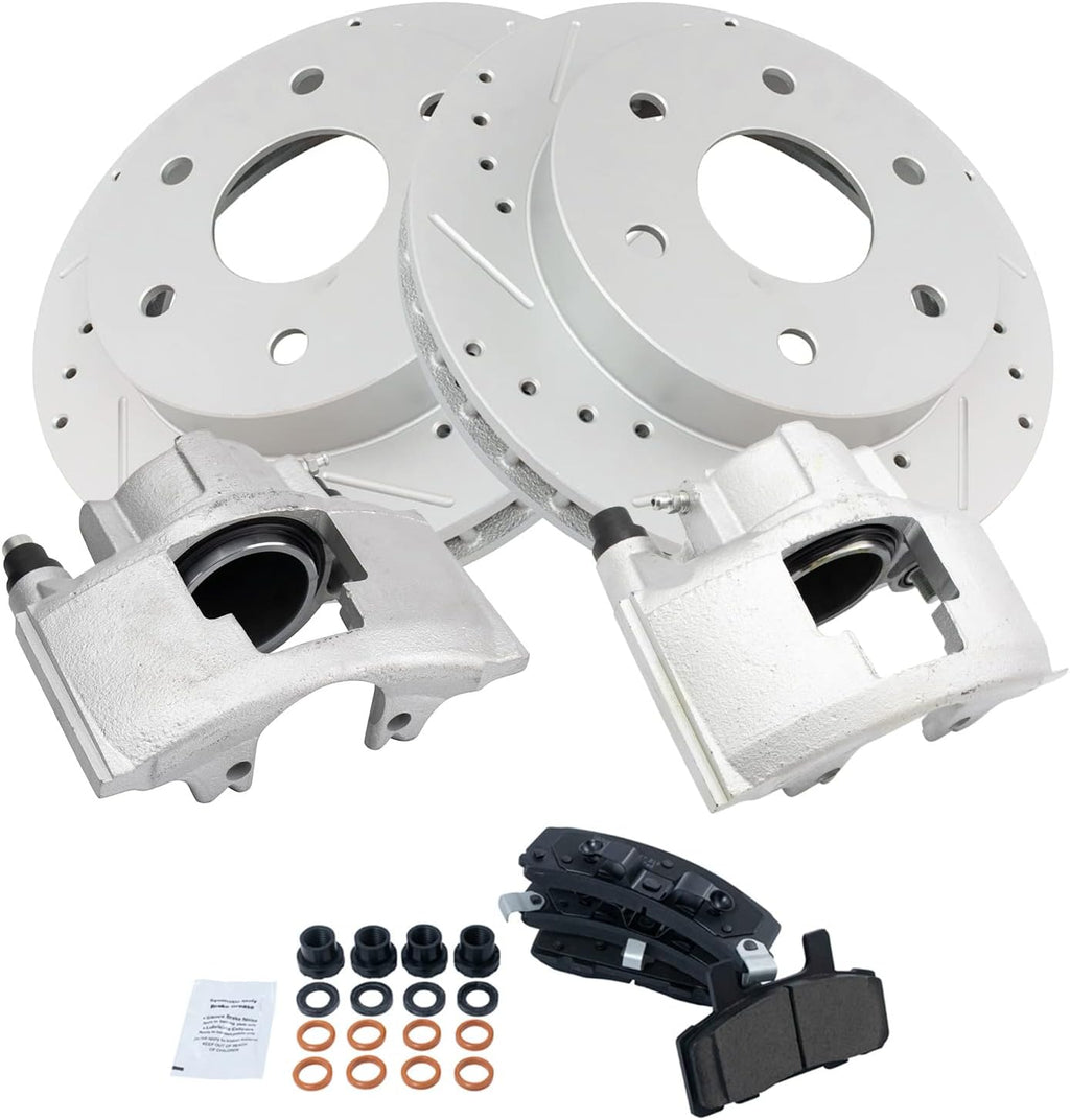 TRQ Performance Front Brake Pad & Rotor Set Ceramic Slotted Drilled Coated Vented Rotors Calipers for 88-00 Chevrolet GMC K1500 K2500 Blazer K1500 Suburban Tahoe Yukon 99-00 Cadillac Escalade