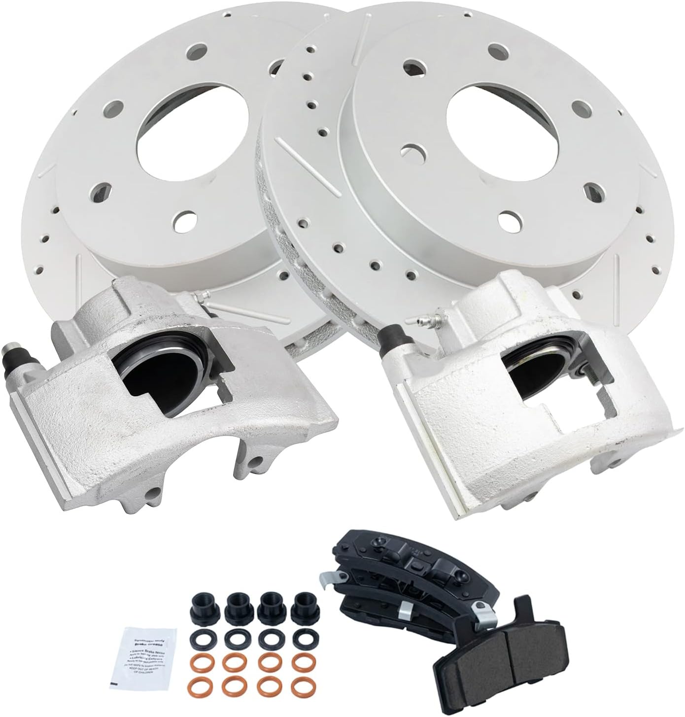 TRQ Performance Front Brake Pad & Rotor Set Ceramic Slotted Drilled Coated Vented Rotors Calipers for 88-00 Chevrolet GMC K1500 K2500 Blazer K1500 Suburban Tahoe Yukon 99-00 Cadillac Escalade