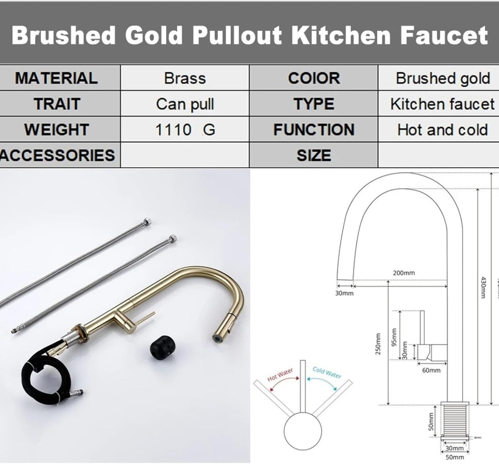 Brass Brushed Gold Black 360 Oegree Rotation Kitchen Hot and Cold Water Sink Taps Pull Out Spout Kitchen Faucet(Brushed Nickel)