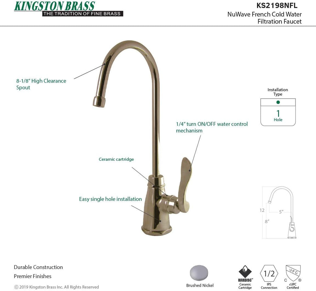 KINGSTON BRASS KS2198NFL Nuwave French Cold Water Filtration Faucet, Brushed Nickel
