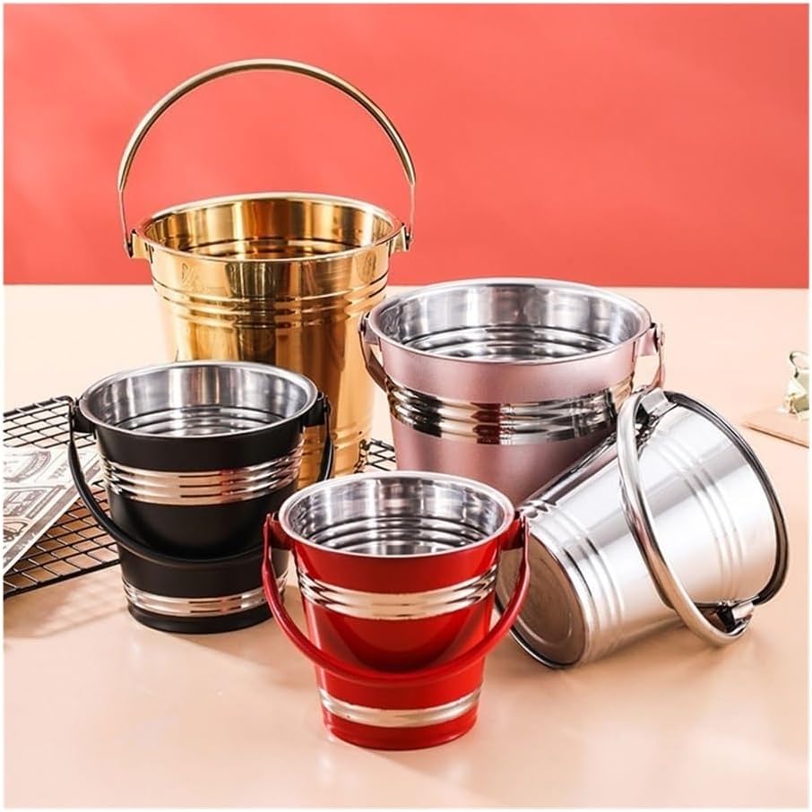 Ice Bucket, 304 Stainless Steel Ice Bucket Bar Restaurant Ice Grain Bucket French Fries Fried Chicken Snacks Carry Bucket Champagne Red Wine Bucket Ice Buckets for Parties(Pink,Large)