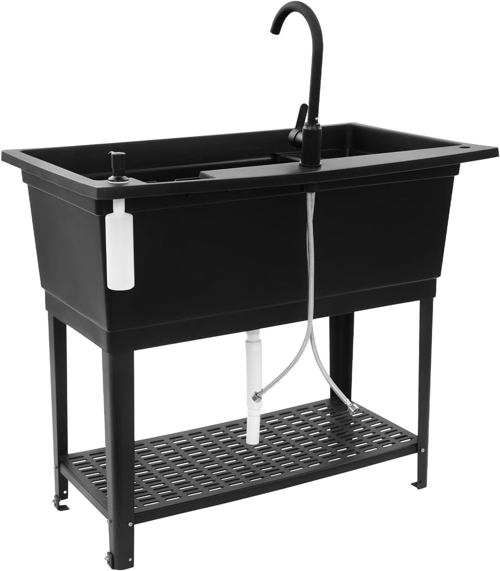Free Standing Utility Sink, 39.9'L × 15'W × 23.6'H Freestanding Sink with Cold and Hot Water Faucet,Hoses, Soap Dispenser and Drain Kit for Kitchens, Bathrooms