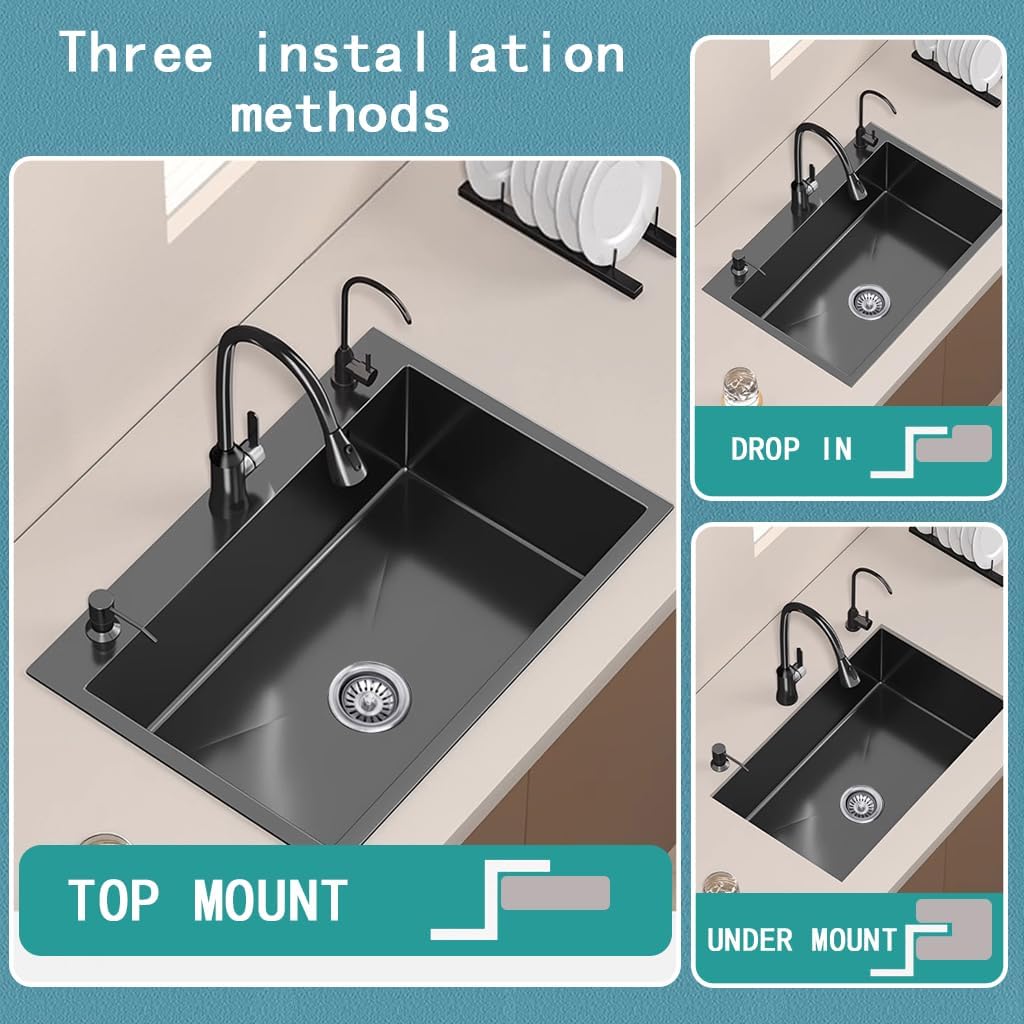 21.7 x 17.7 Inch Black Single Bowl Sink with faucet,Large Capacity Stainless Steel Drop In Kitchen Sink,Topmount Utility Workstation Sink With Multiple Accessories