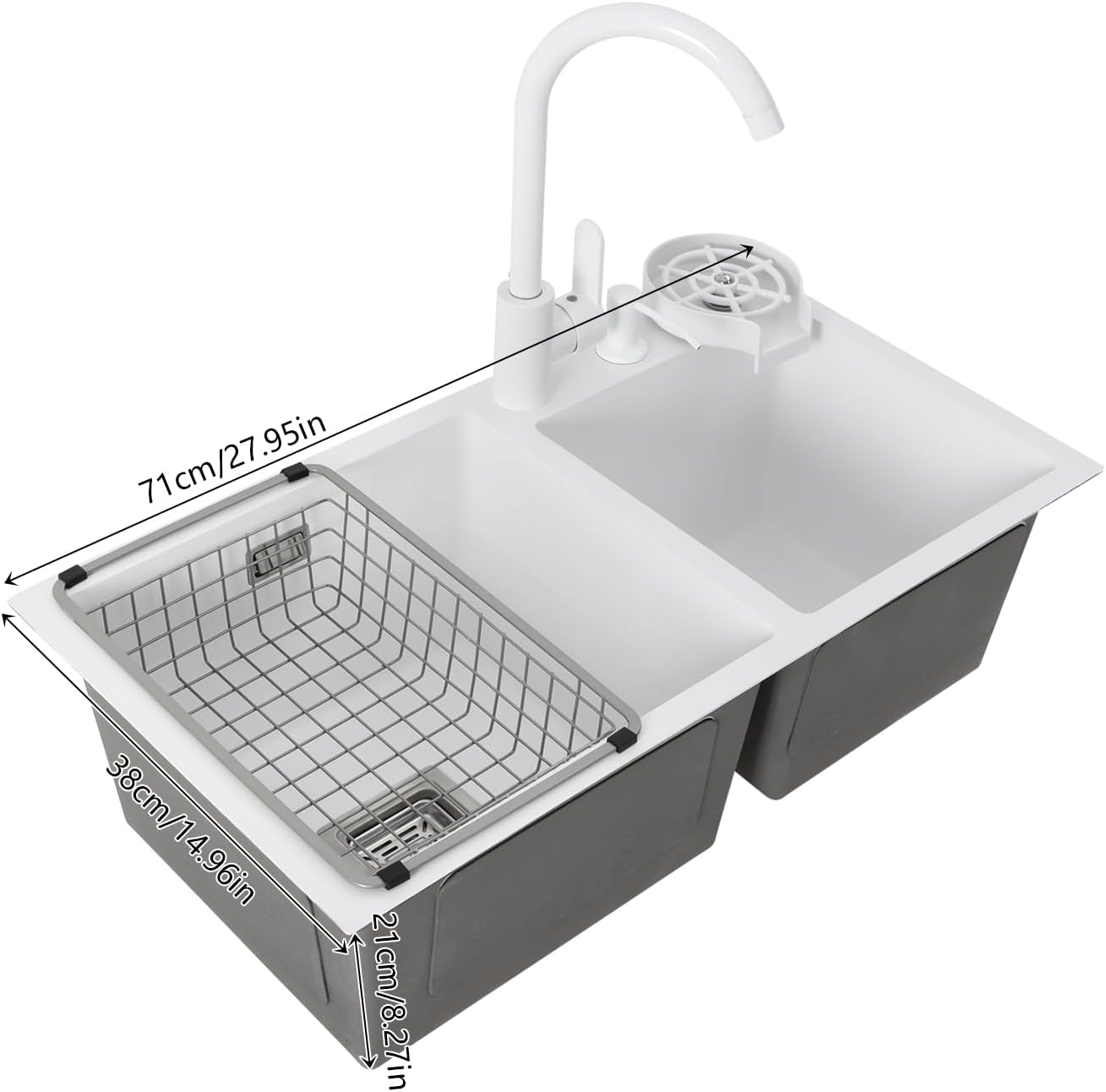 Utility Sinks Kitchen with Cold and Hot Water Fauet 28''x 15'' Stainless Steel Undermount Sink Double Bowl Pressurized Cup Washer Soap Dispenser White