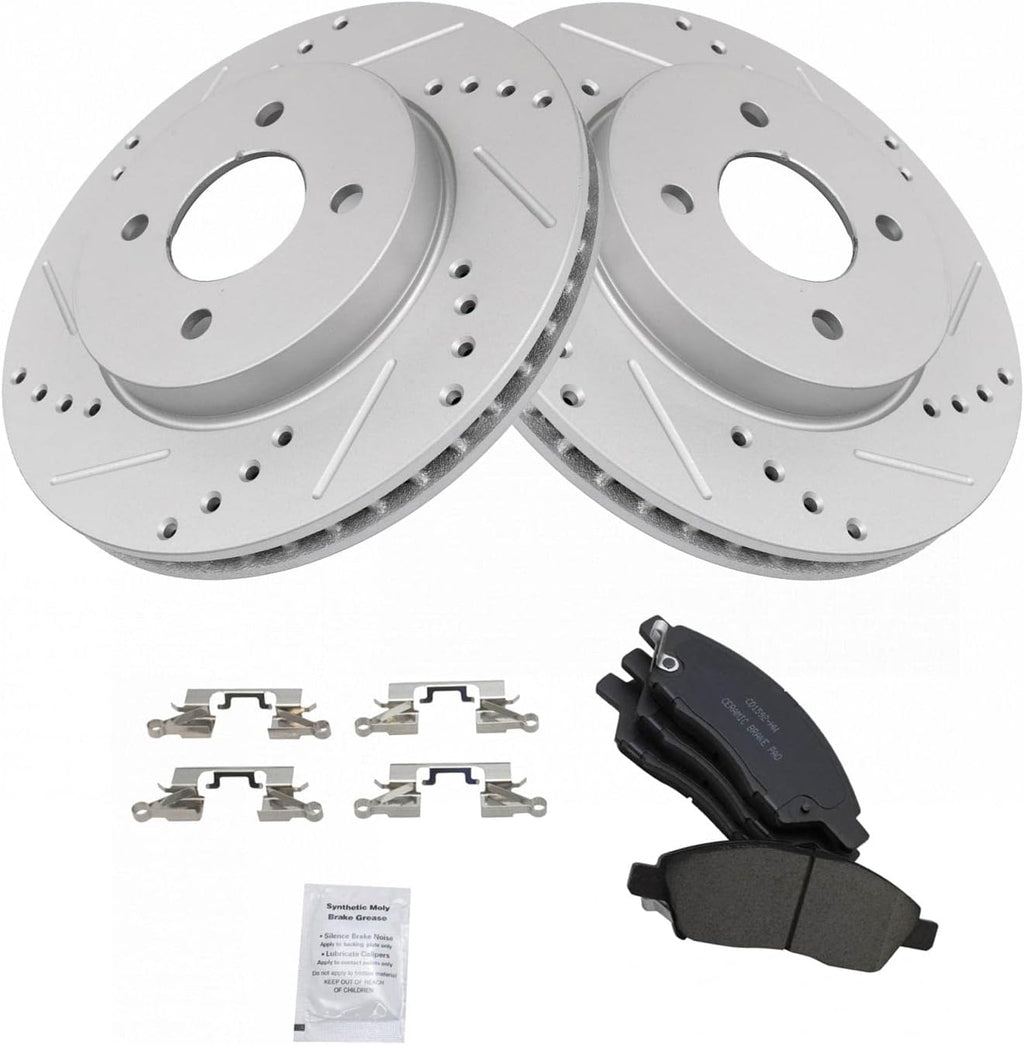 TRQ Performance Front Brake Pad and Rotor Set Ceramic Drilled Slotted Coated Rotors Compatible with 2012-2018 Nissan Versa 2014-2018 Versa Note